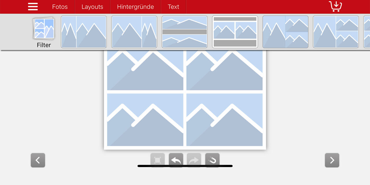 Screenshot der CEWE Fotowelt App, in dem der Postkarten-Editor und die Layoutauswahl zu sehen ist.